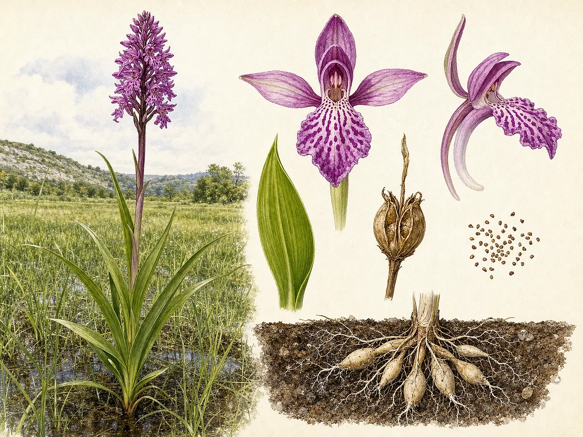 Prancha botânica de Dactylorhiza elata com porte alto, folhas lanceoladas, espiga de flores púrpura marcadas, flor com labelo trilobado e esporão e tubérculos palmados