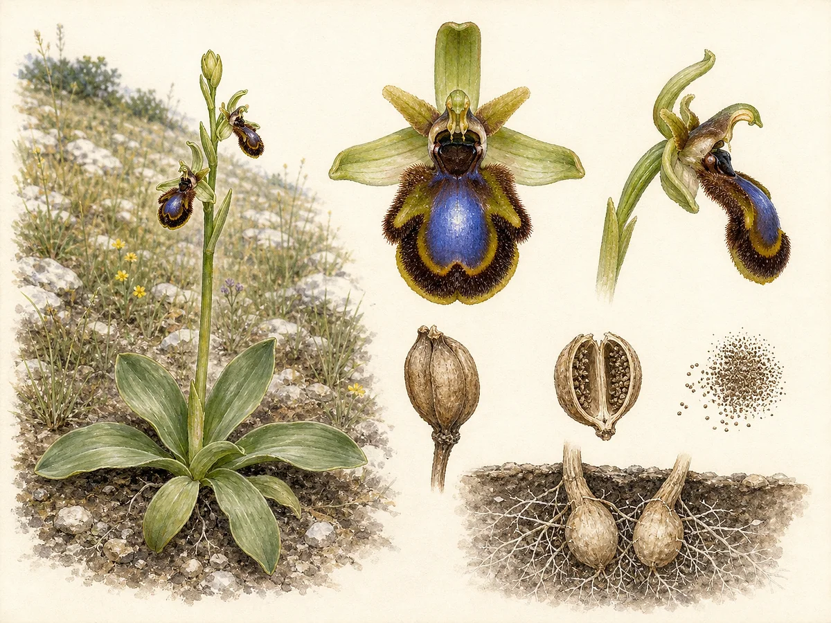 Prancha botânica de Ophrys speculum com roseta, haste baixa, flores de sépalas verdes e labelo aveludado castanho com grande espelho azul metálico, cápsula e tubérculos