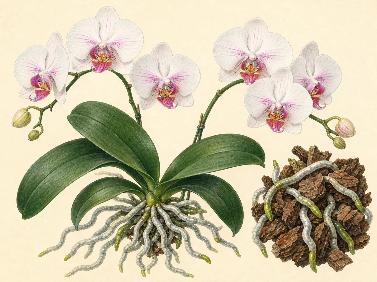 Ilustração botânica de uma orquídea Phalaenopsis com folhas carnudas, raízes aéreas e flores brancas e rosadas