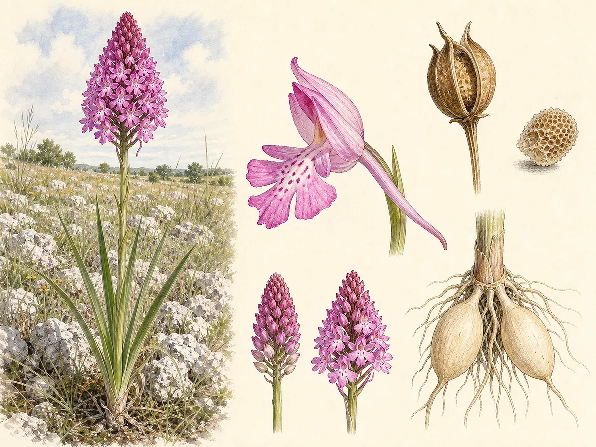 Prancha botânica de Anacamptis pyramidalis com folhas estreitas, inflorescência rosa inicialmente piramidal, flor individual trilobada com esporão fino, cápsula e tubérculos