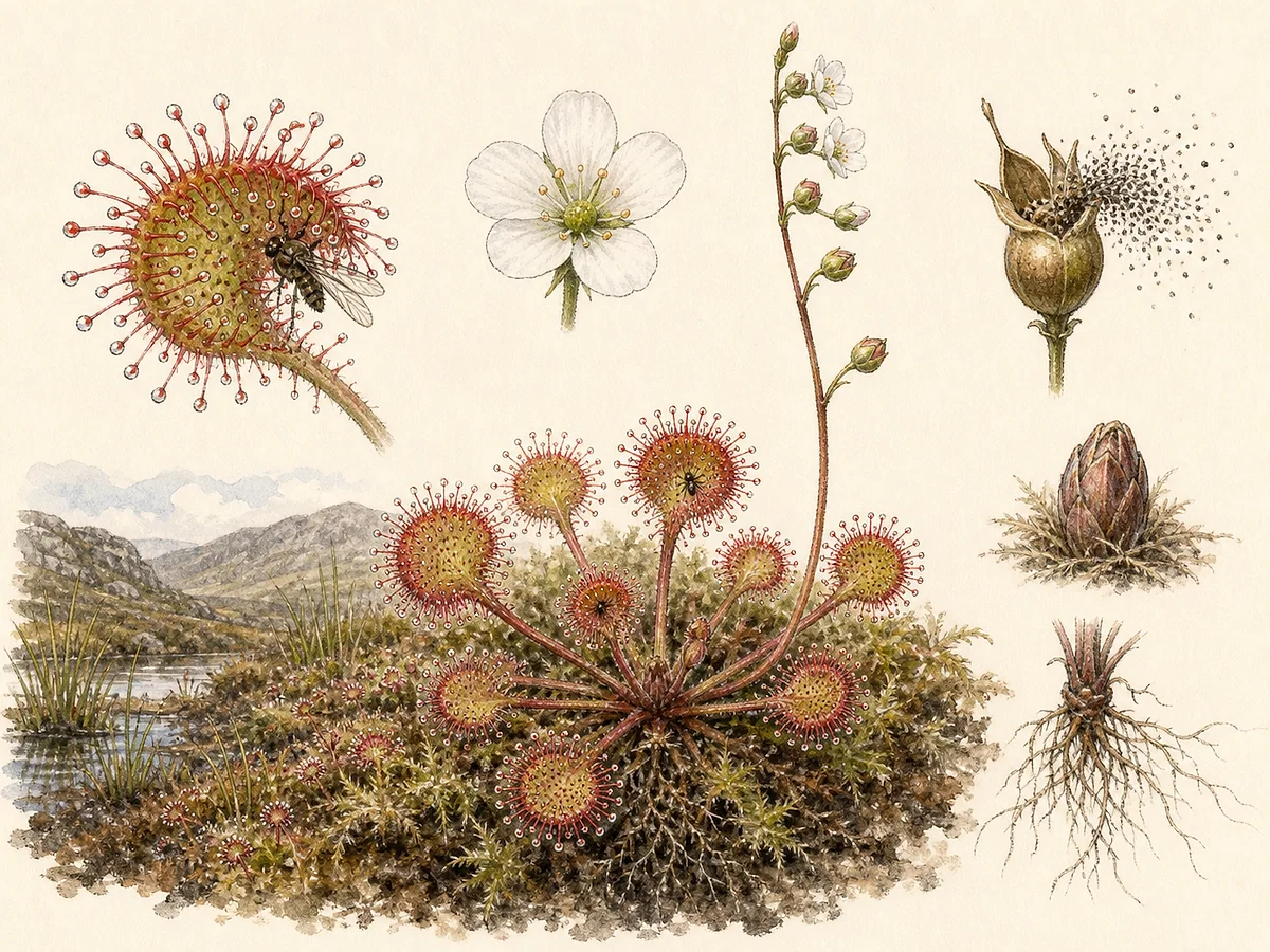 Prancha botânica de Drosera rotundifolia com roseta de folhas redondas cobertas por tentáculos glandulares vermelhos, escapo de flores brancas, cápsula e hibernáculo