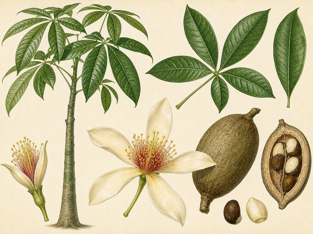Prancha botânica de Pachira aquatica com tronco natural, folhas palmadas, flor de longos estames e fruto lenhoso