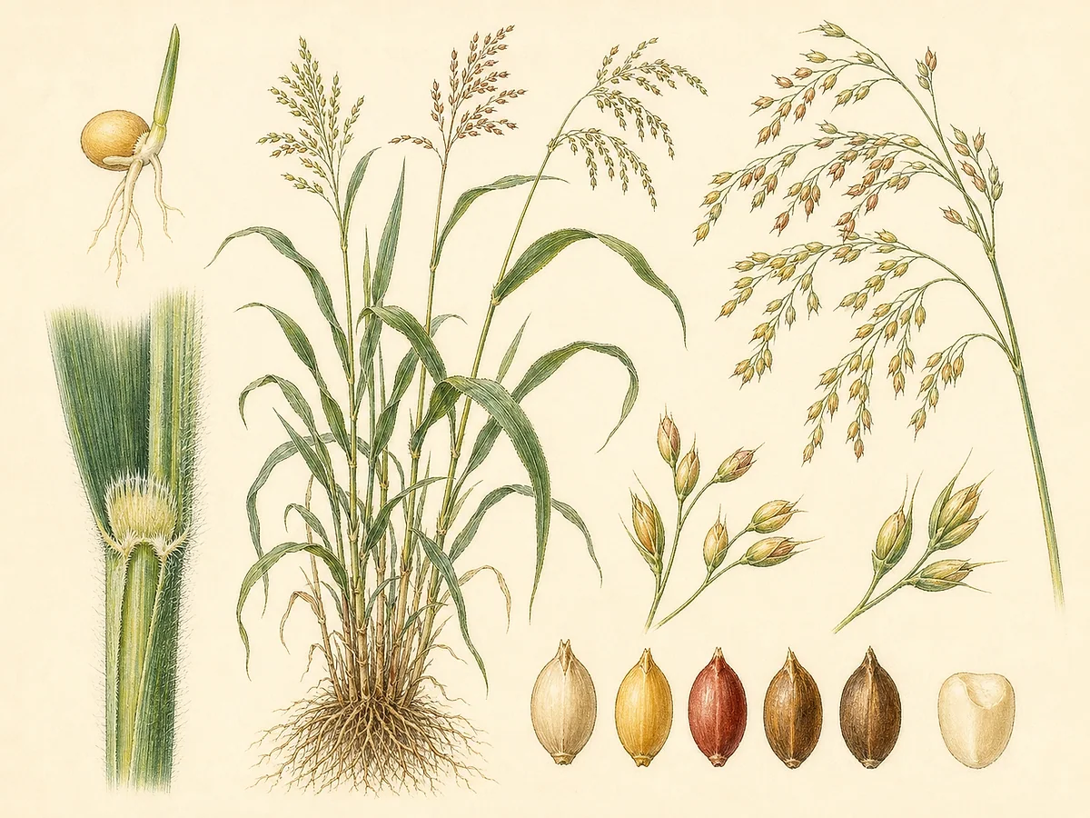 Ilustração botânica de painço comum com folhas lineares, colmos perfilhados, panículas soltas arqueadas, grãos amarelos e vermelhos e raízes