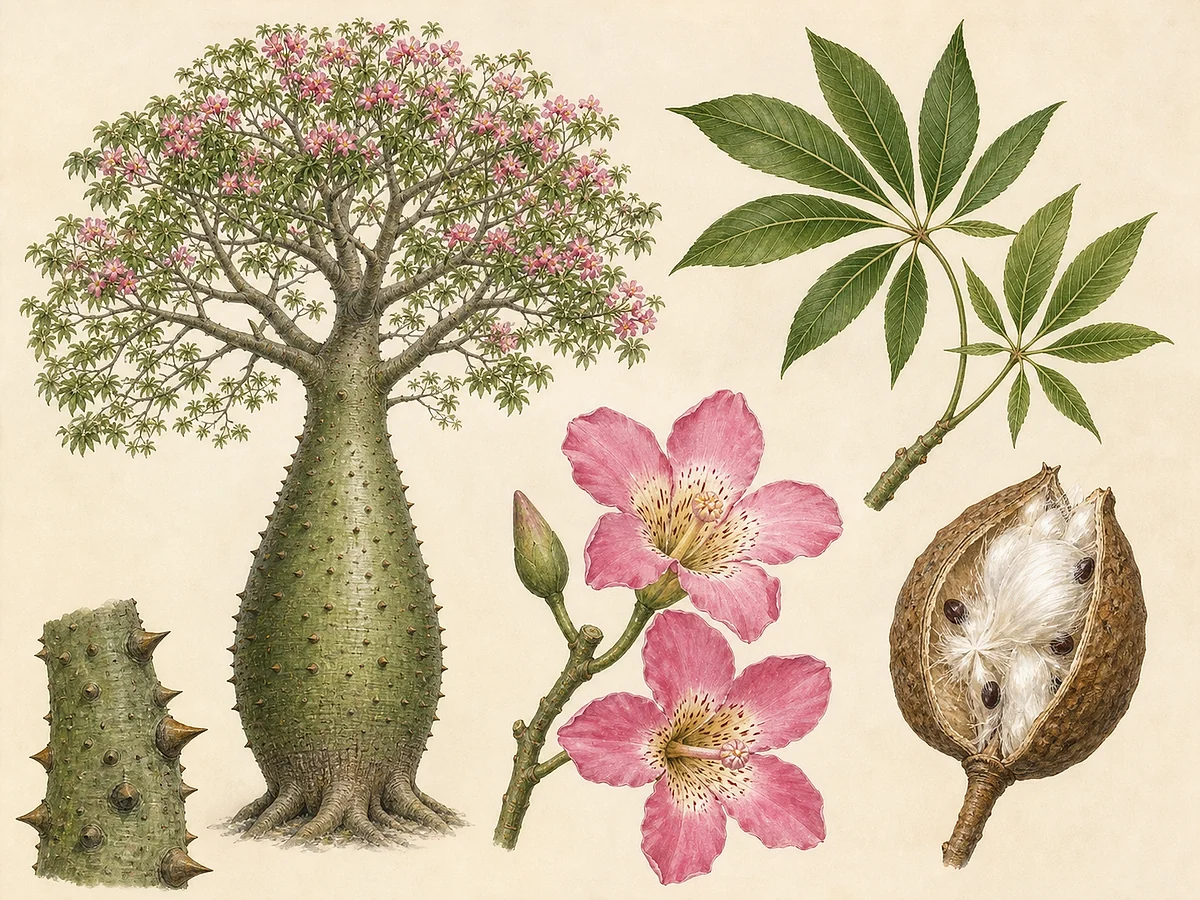 Prancha botânica de Ceiba speciosa com tronco verde dilatado e espinhoso, folhas palmadas, flor rosa e cápsula com paina