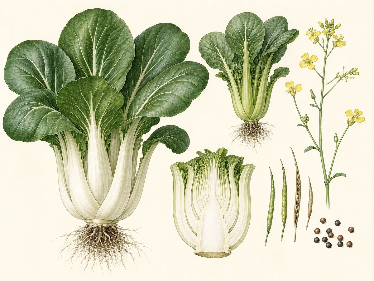 Ilustração botânica de pak choi com roseta ereta, pecíolos brancos largos, variante verde e roxa, cabeça cortada, flores amarelas e síliquas