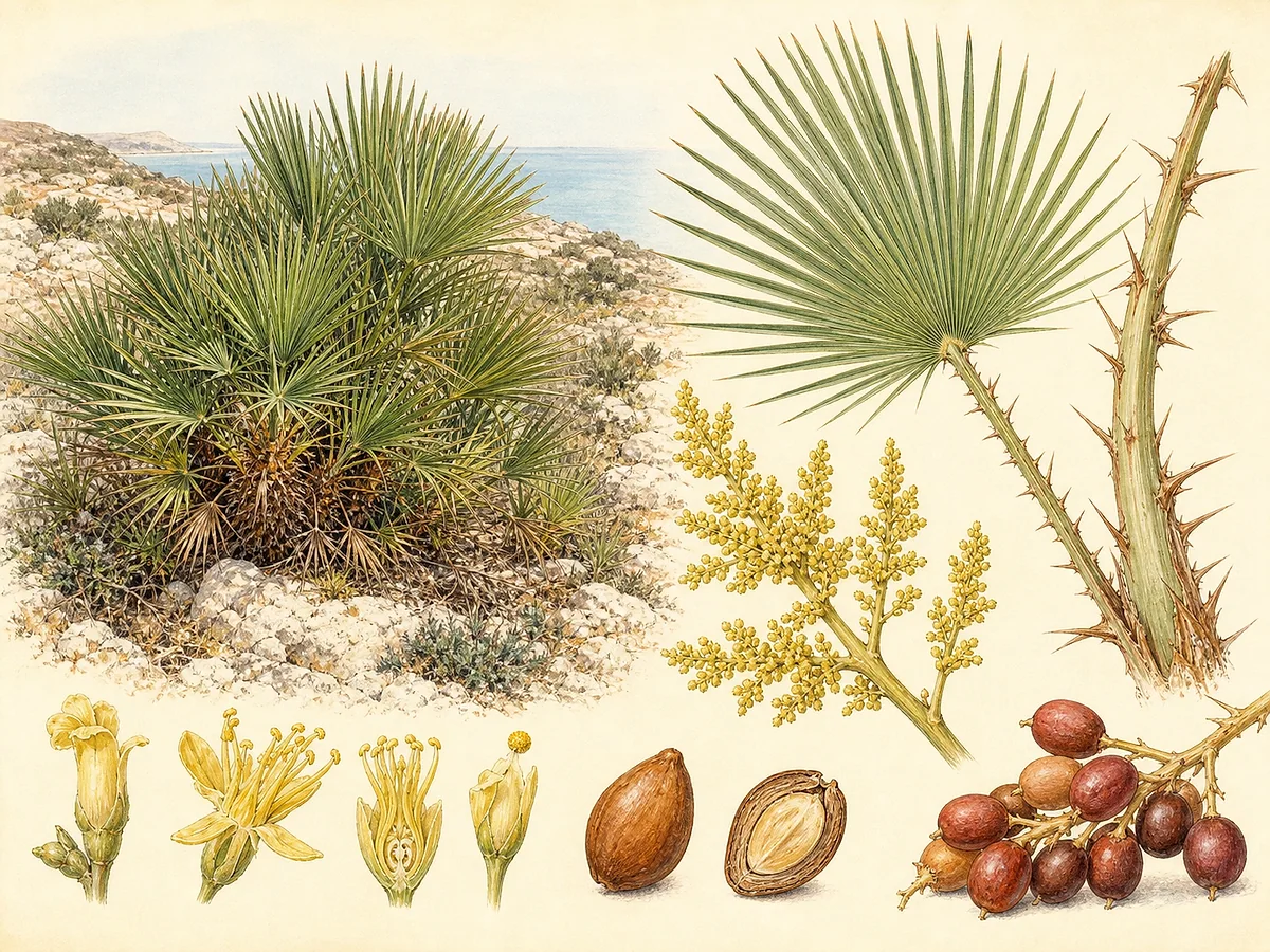Prancha botânica de Chamaerops humilis com touceira baixa, folhas palmadas em leque, pecíolos espinhosos, inflorescências e drupas castanho-avermelhadas
