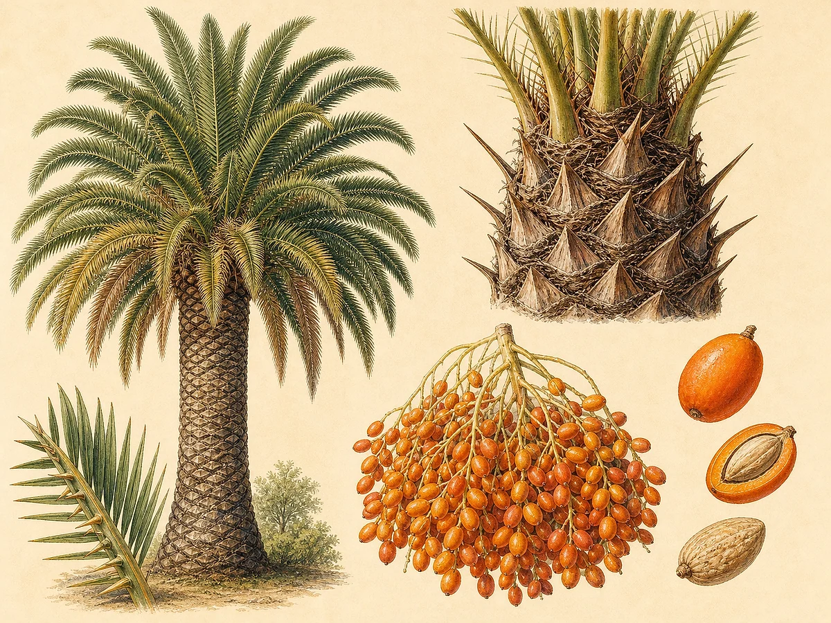Prancha botânica de Phoenix canariensis com estipe robusto, coroa densa de folhas pinadas arqueadas, espinhos basais e cachos de frutos alaranjados