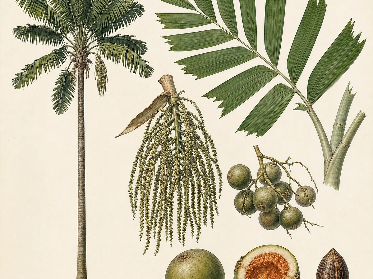 Prancha botânica de Caryota obtusa com palmeira alta, folhas bipinadas, folíolos em cunha como cauda de peixe, inflorescências pendentes, frutos e sementes