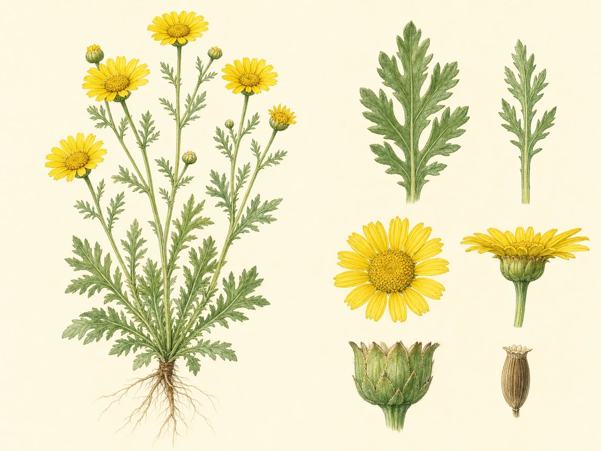 Prancha ilustrada de Chrysanthemum coronarium, nome aceite Glebionis coronaria, com planta anual, folhas recortadas, capítulos amarelos e frutos