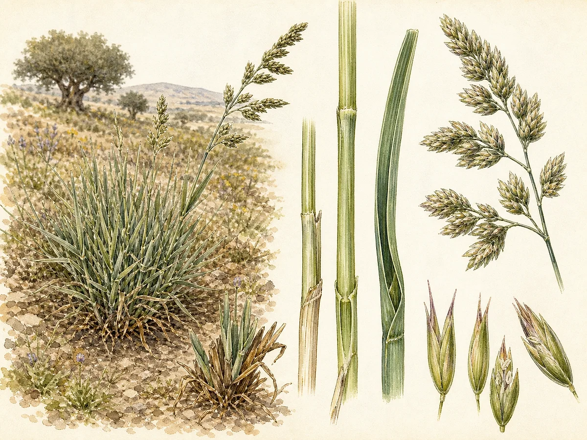 Prancha botânica de Dactylis glomerata subsp. hispanica com pseudocaules comprimidos, folhas verde-acinzentadas dobradas, panícula unilateral em glomérulos e espiguetas