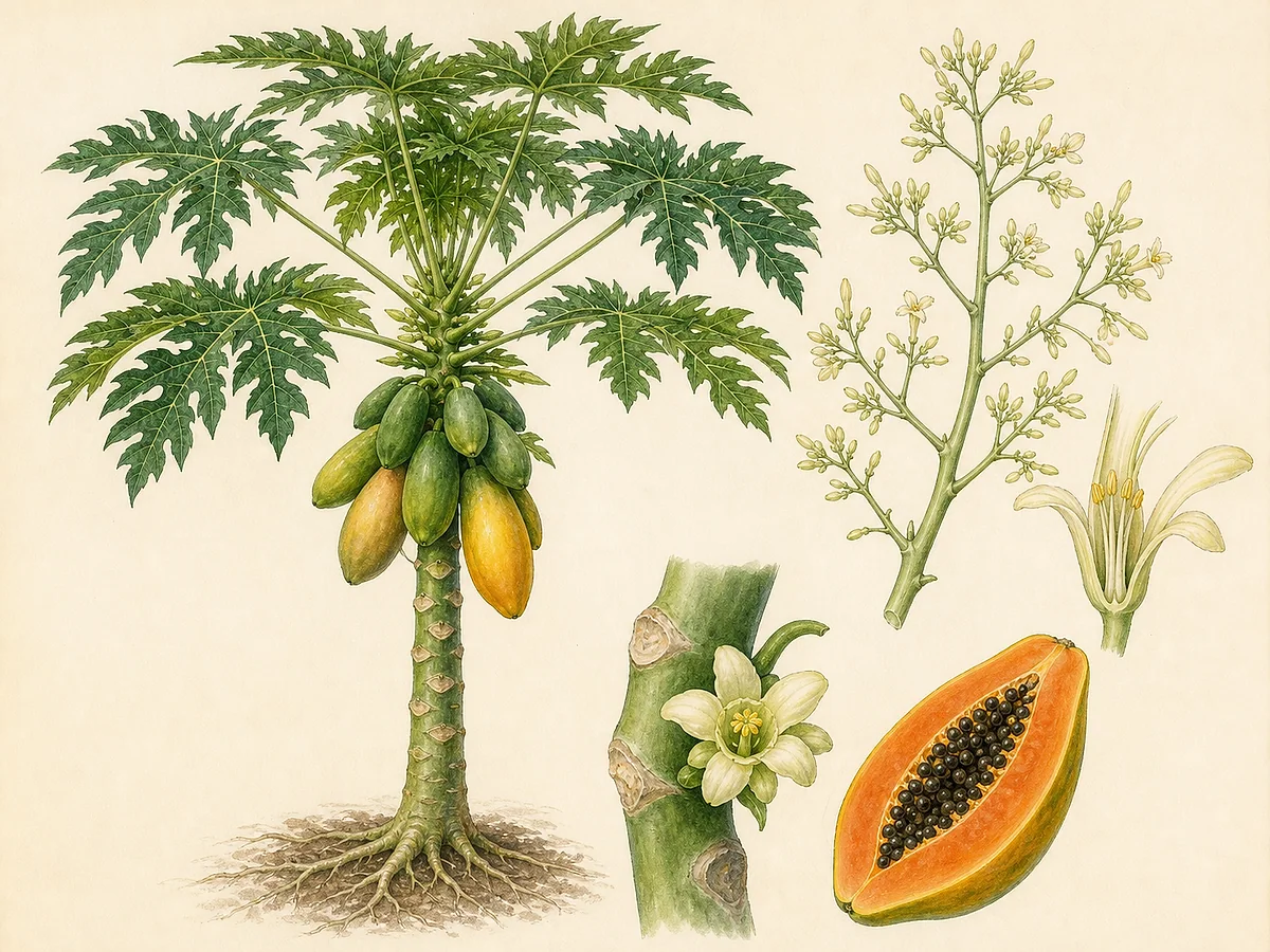 Ilustração botânica de papaeira com tronco oco marcado, folhas palmadas no topo, flores e papaias, uma aberta com sementes negras