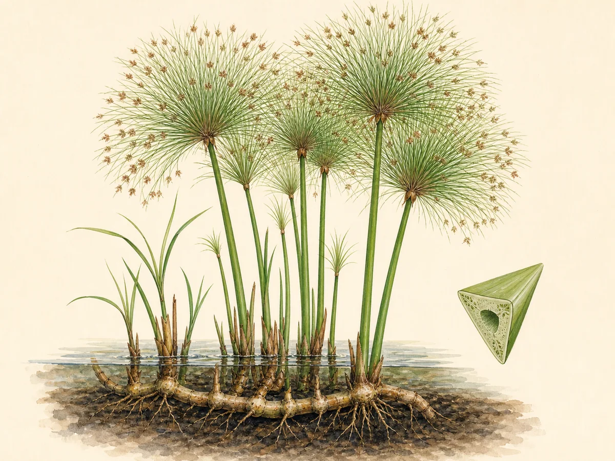 Ilustração botânica de um papiro alto com caules triangulares, umbelas radiais verdes, flores castanhas e rizoma