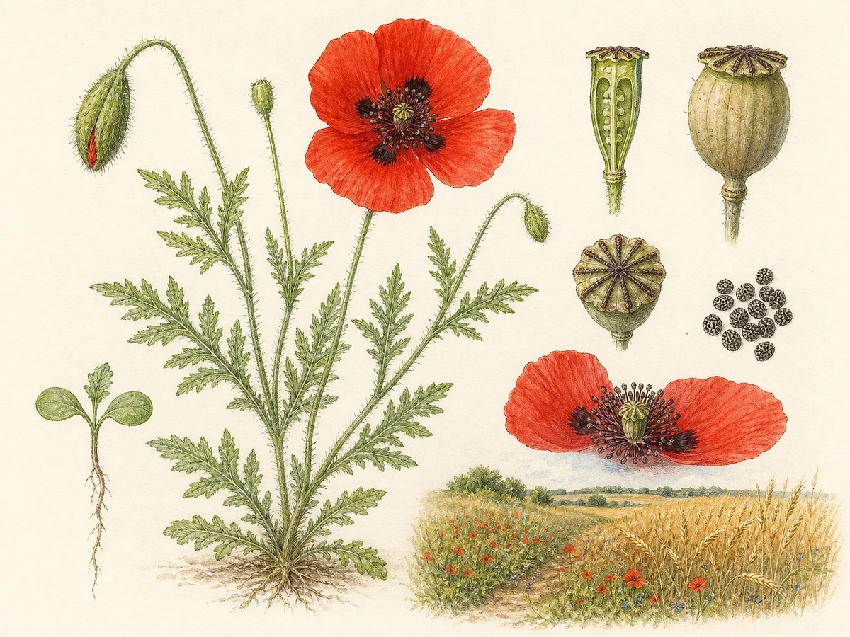Prancha botânica de Papaver rhoeas com pétalas escarlates, folhas recortadas pilosas e cápsula poricida com disco estigmático