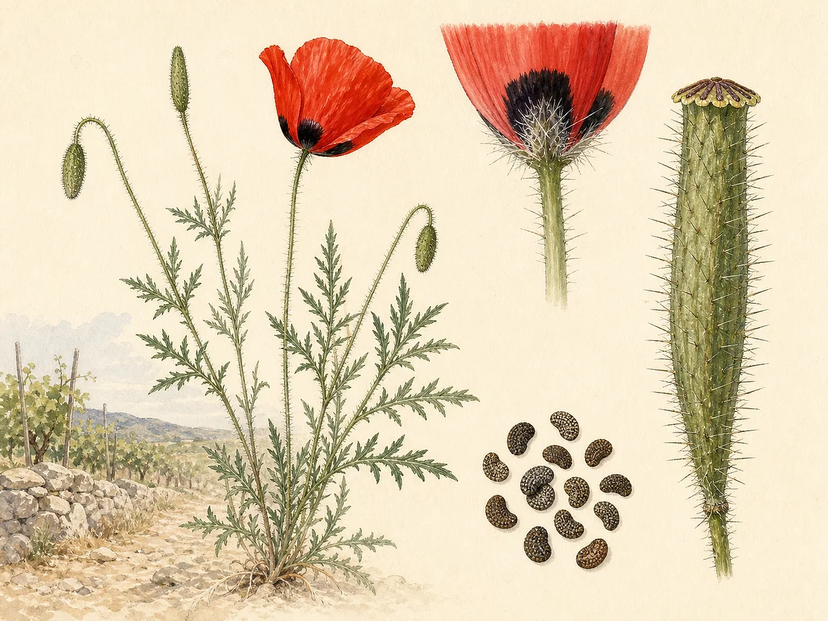 Prancha botânica de Papaver argemone com caules finos, folhas estreitas recortadas, flor vermelha com manchas negras e cápsula longa coberta de pelos eretos