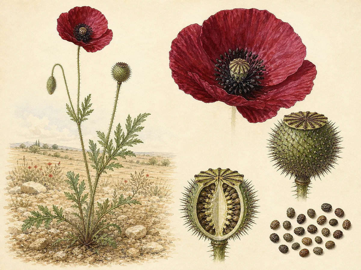Prancha botânica de Papaver hybridum com folhas recortadas, flor vermelho-escura, cápsula quase esférica densamente eriçada e sementes