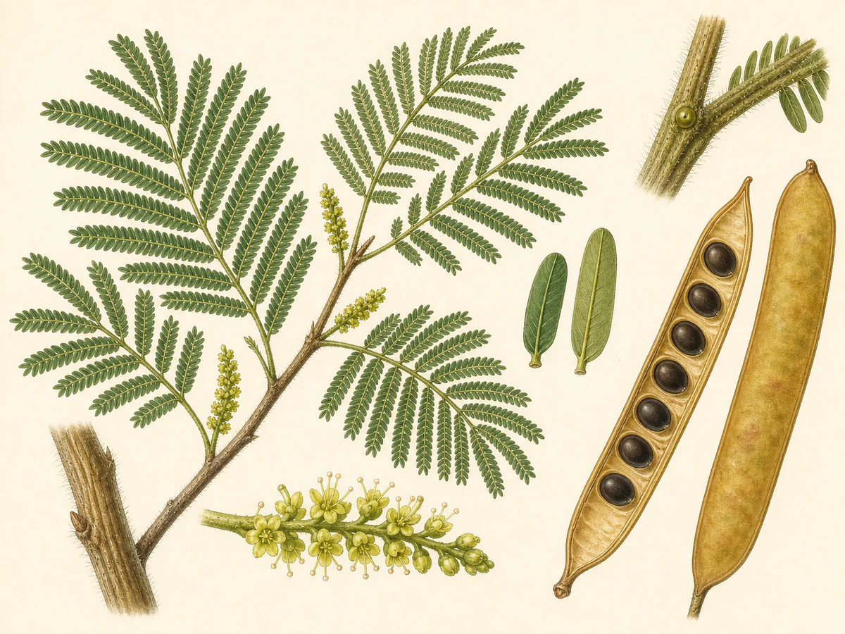 Prancha ilustrada de Paraserianthes lophantha com ramos estriados e pilosos, folhas bipinadas, racemos axilares verde-amarelados, glândula no pecíolo e vagens planas com sementes escuras