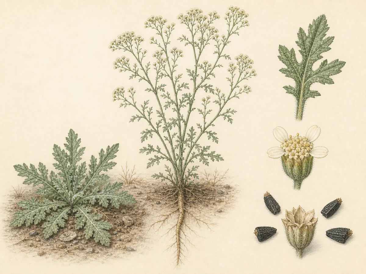 Prancha ilustrada de Parthenium hysterophorus com roseta de folhas pilosas profundamente lobadas, planta anual ramificada, minúsculos capítulos creme, raiz pivotante e cinco aquénios negros