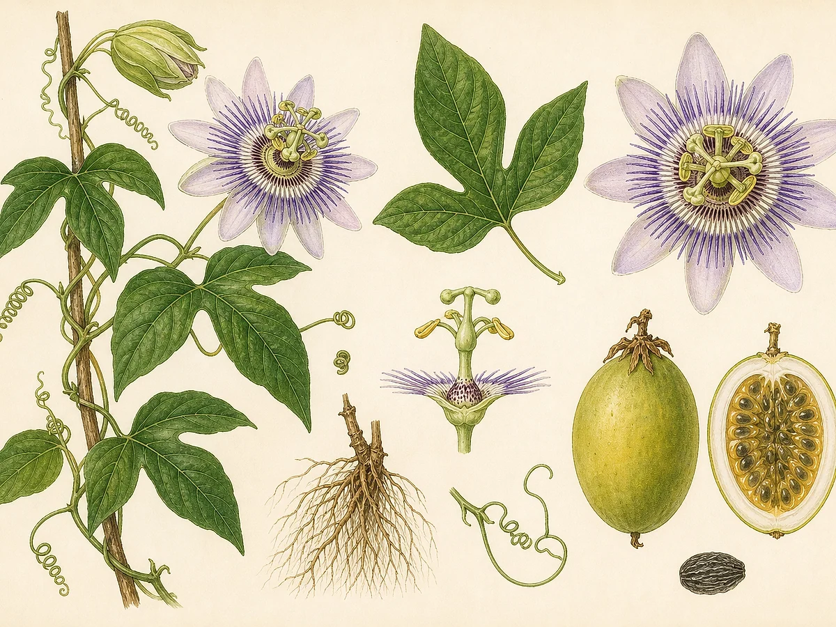 Prancha botânica de Passiflora incarnata com trepadeira de gavinhas, folhas trilobadas, flor lilás de corona filamentosa, fruto amarelo e sementes