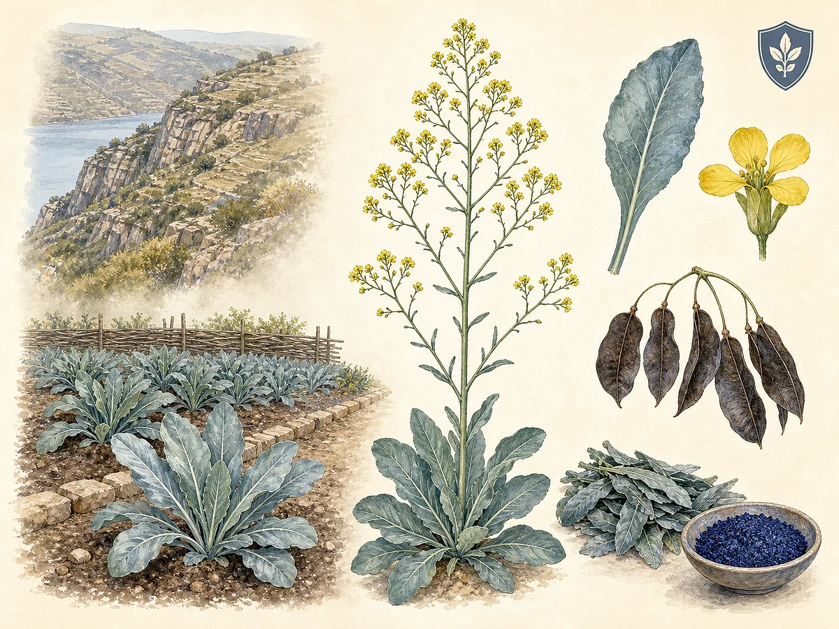 Prancha botânica de Isatis tinctoria com roseta glauca, caule de flores amarelas, frutos achatados pendentes escuros e folhas cortadas para produção de azul
