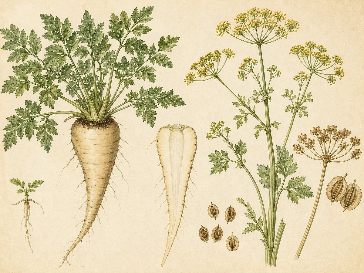 Ilustração botânica de pastinaca com roseta de folhas pinadas, raiz longa creme inteira e cortada, umbela amarela, frutos achatados e sementeira jovem
