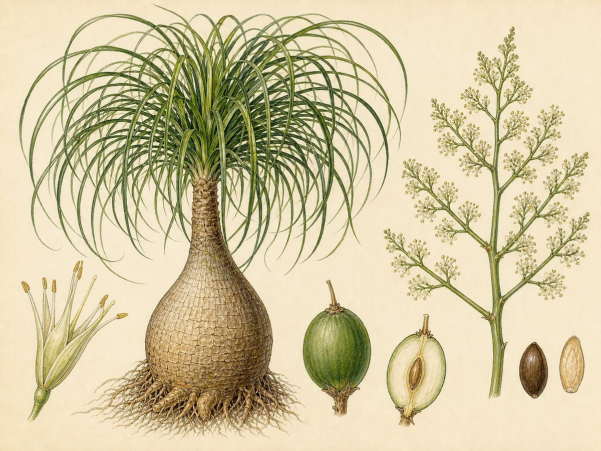 Prancha botânica de Beaucarnea recurvata com base caudiciforme, tronco, roseta de folhas recurvadas, inflorescência e fruto