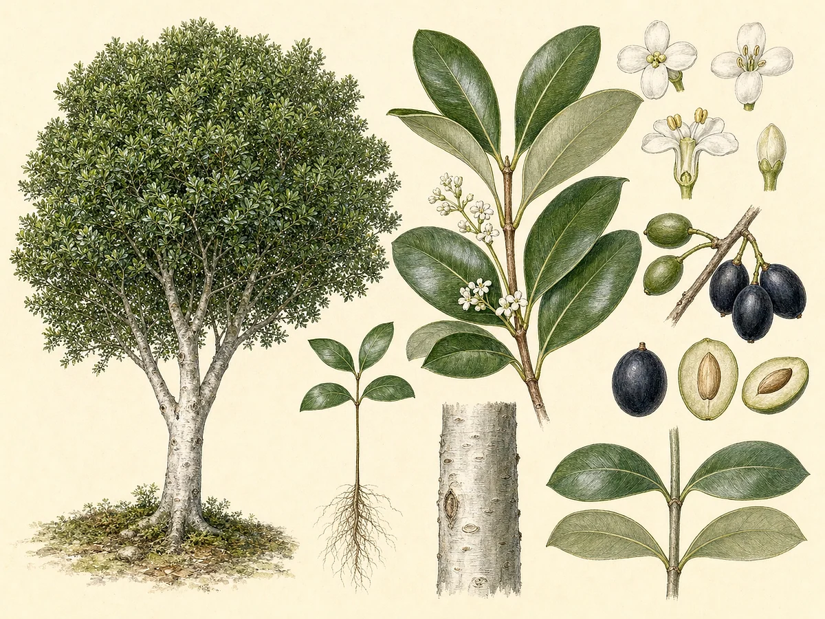 Prancha botânica de Picconia excelsa com árvore de casca clara, folhas opostas, flores brancas, drupas azul-negras, semente e raízes