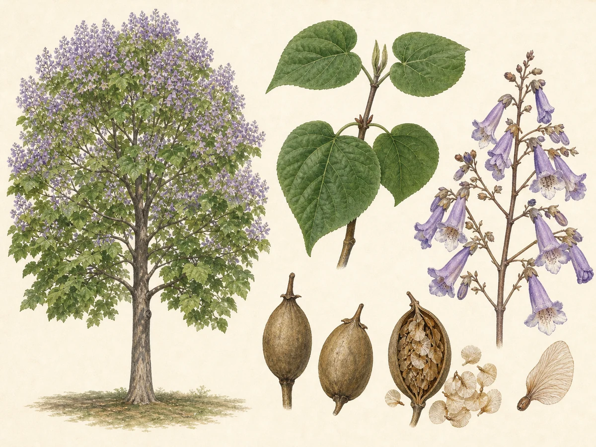 Prancha ilustrada de Paulownia tomentosa com árvore de folhas grandes cordiformes opostas, panícula de flores tubulosas violetas antes das folhas e cápsulas ovais com sementes aladas