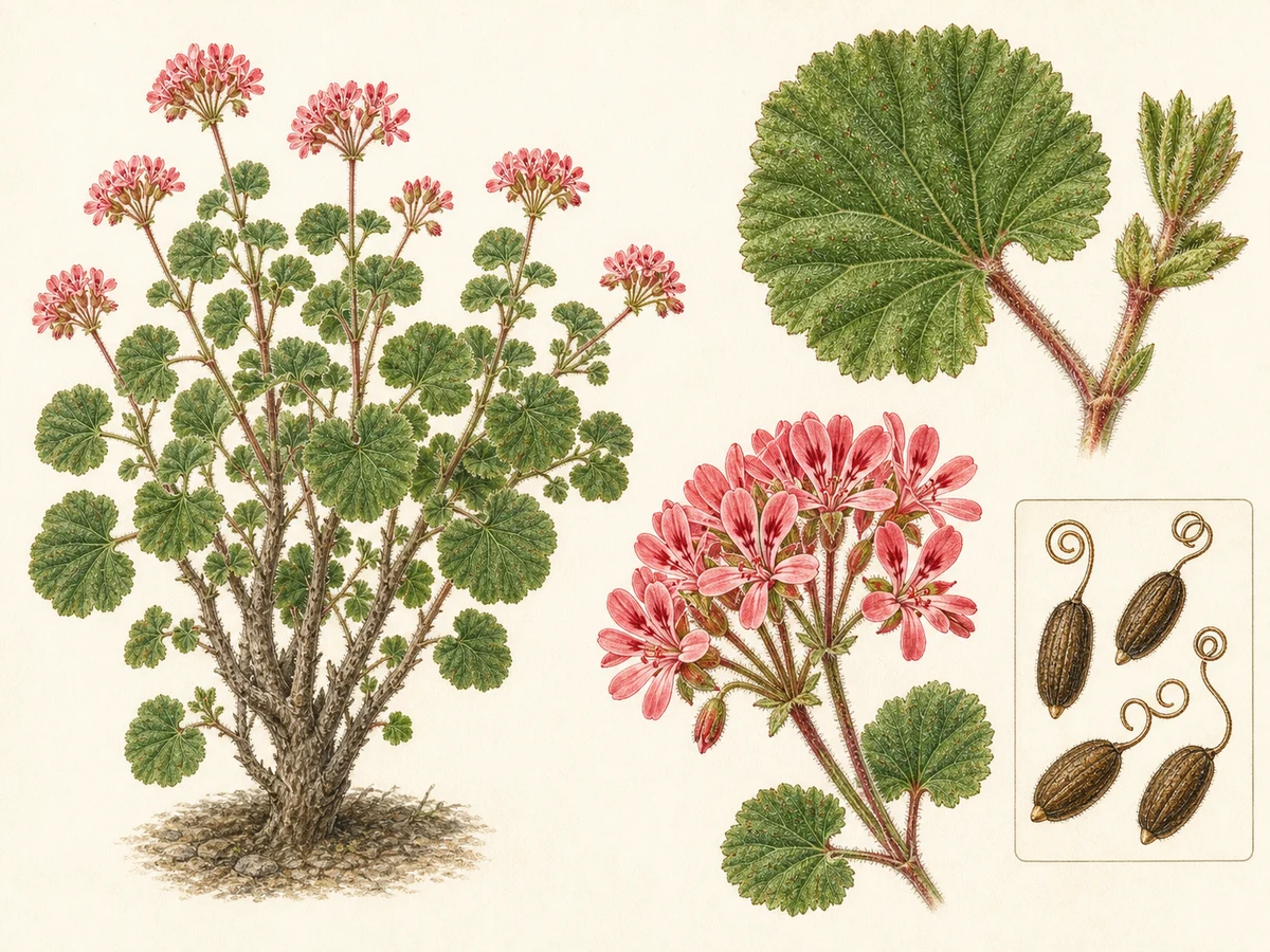 Prancha ilustrada de Pelargonium inquinans com arbusto lenhoso, folhas orbiculares veludosas e flores vermelhas a rosadas em grupos