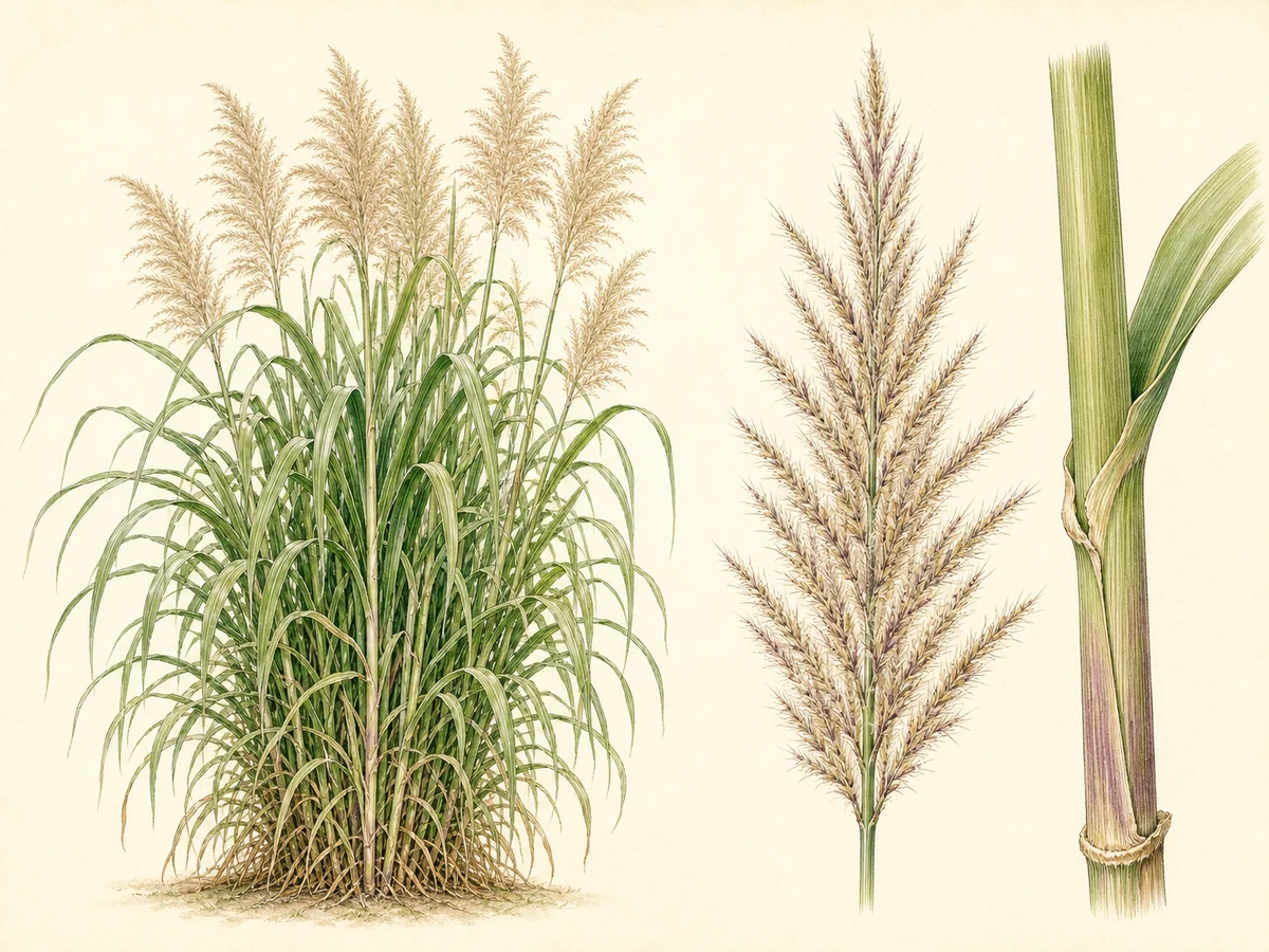 Prancha ilustrada de Pennisetum purpureum com gramínea alta em touceira, folhas longas arqueadas, colmos grossos e panículas plumosas
