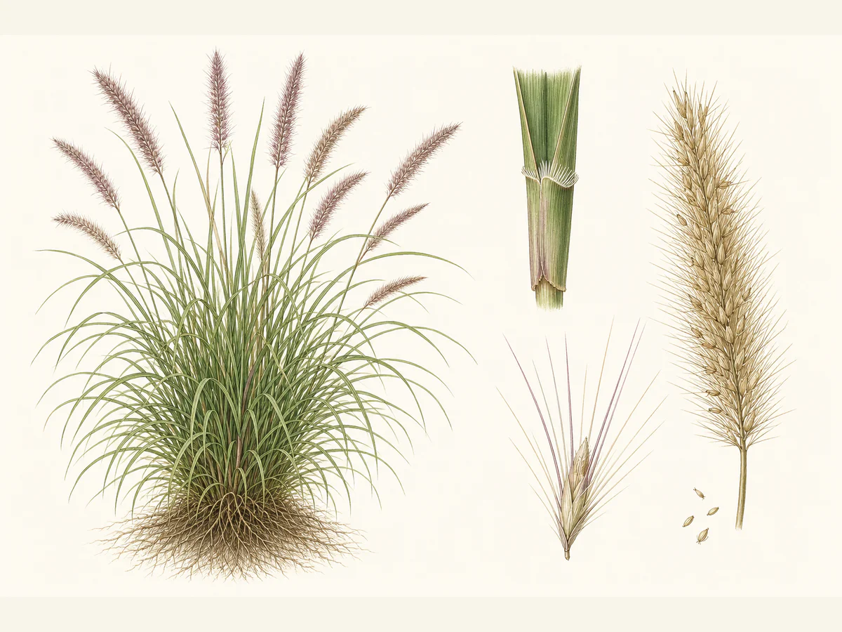 Prancha ilustrada de Pennisetum setaceum, aceite como Cenchrus setaceus, com touceira de folhas estreitas arqueadas, penachos cilíndricos rosados e detalhe de espigueta rodeada por cerdas