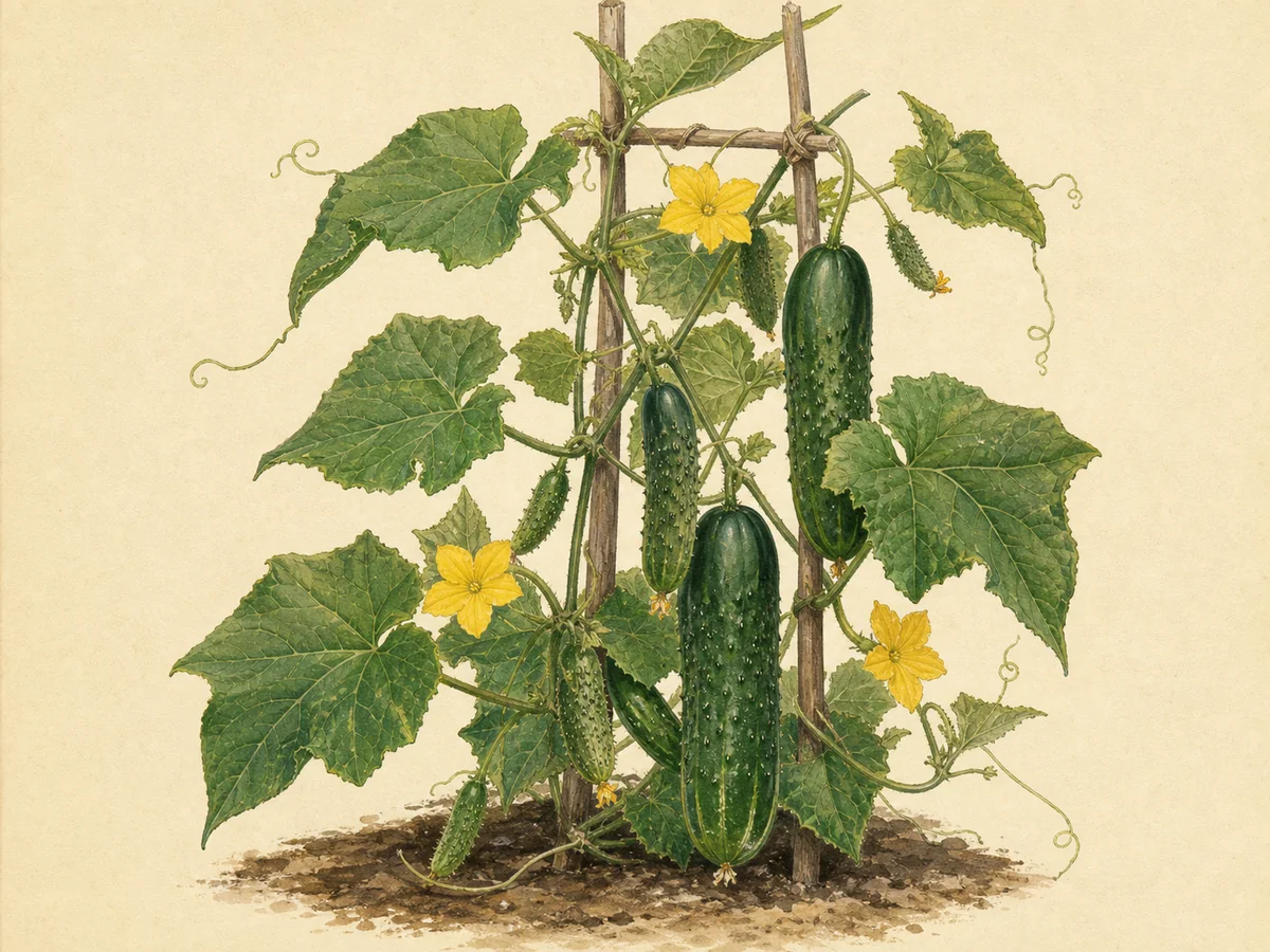 Ilustração botânica de um pepineiro trepador com gavinhas, flores amarelas e pepinos