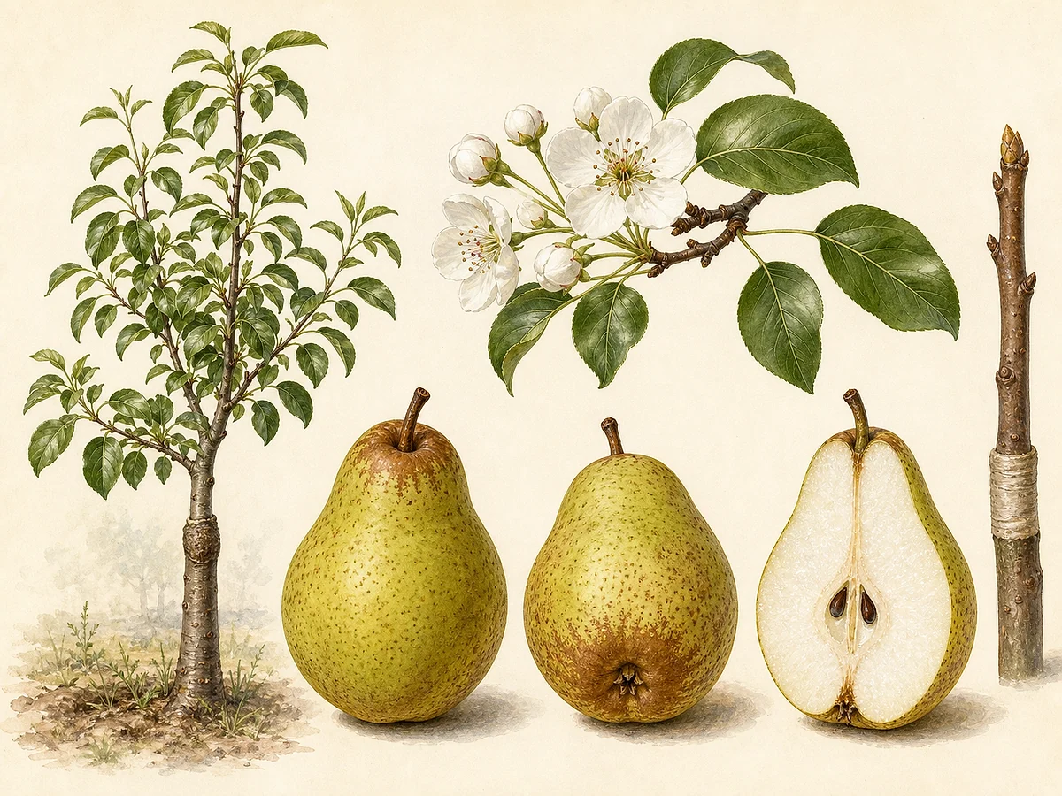 Prancha botânica da pereira Rocha com árvore enxertada, flor branca, folha, pera verde-amarela com carepa e fruto cortado