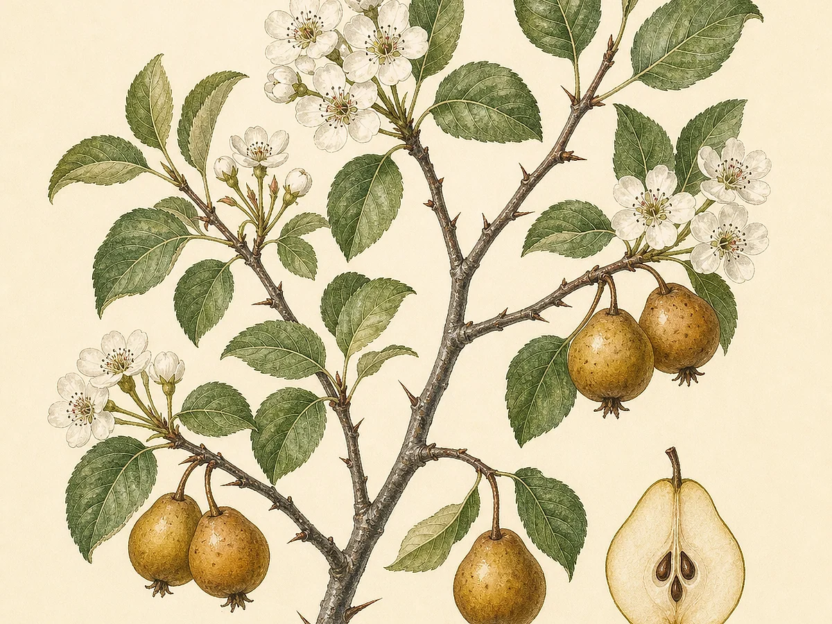 Prancha botânica de Pyrus bourgaeana com pequena árvore espinhosa, folhas ovadas, flores brancas, peras pequenas castanho-amareladas e sementes