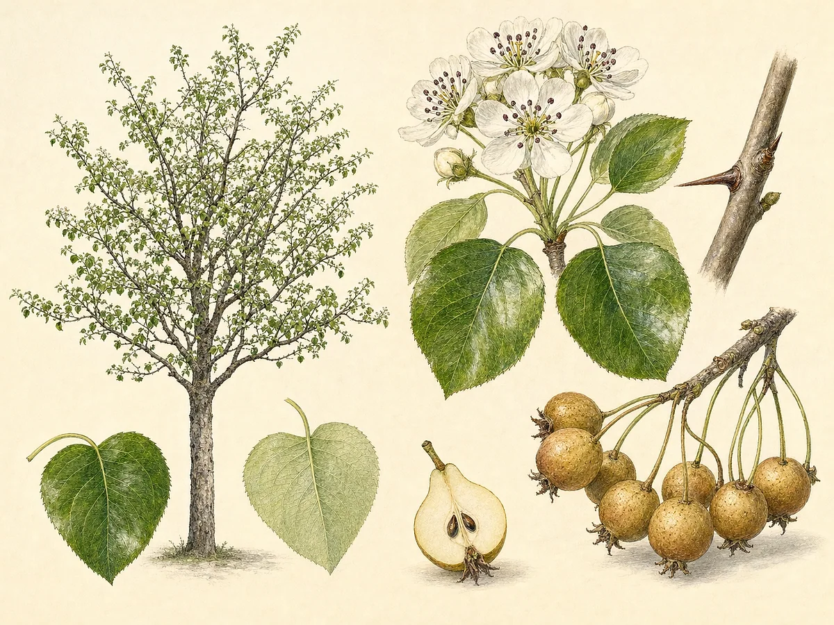 Prancha botânica de Pyrus cordata com pequena árvore espinhosa, folhas pequenas cordiformes, flores brancas de anteras escuras e peras minúsculas globosas