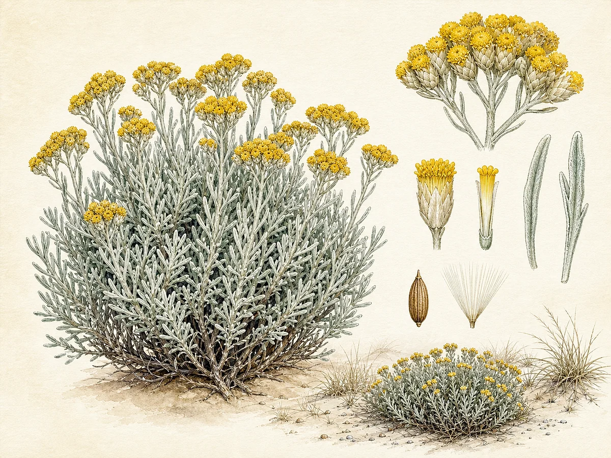 Prancha botânica de Helichrysum italicum subsp. picardi com subarbusto baixo prateado, folhas lineares tomentosas, corimbos densos de capítulos amarelos e aquénios