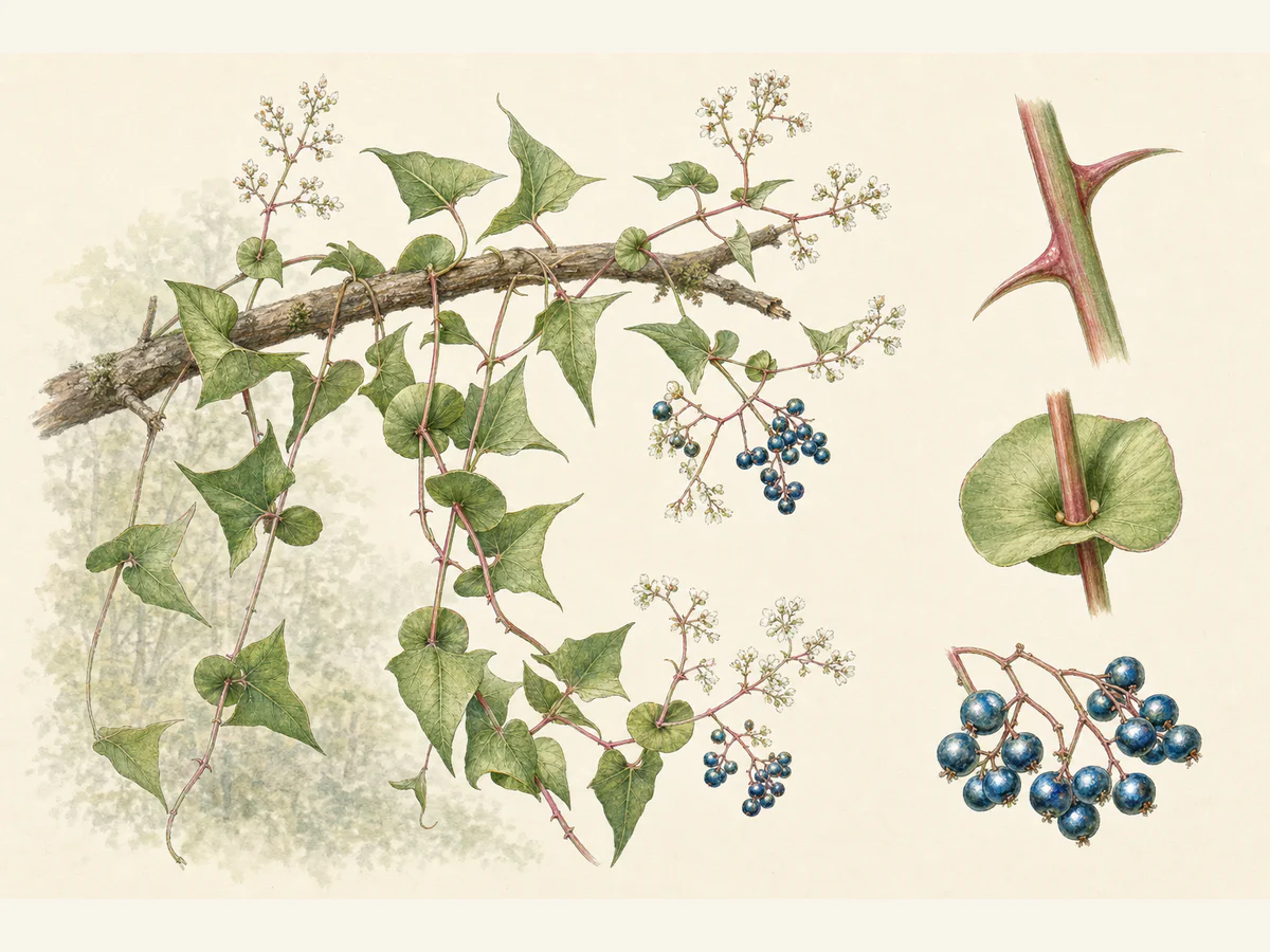 Prancha ilustrada de Persicaria perfoliata com trepadeira anual de folhas triangulares, acúleos recurvados, ócreas circulares em torno do caule, flores brancas e frutos azul-metálico