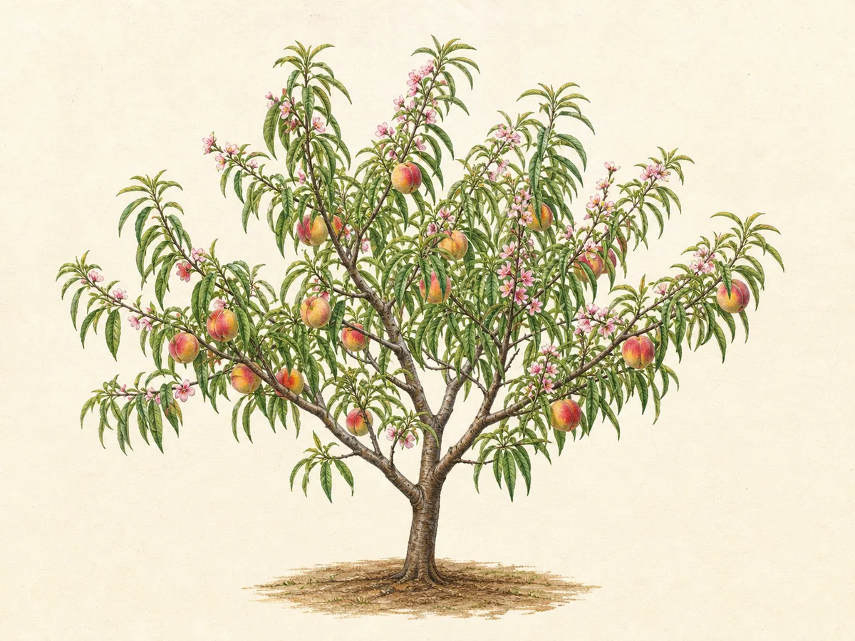 Ilustração botânica de um pessegueiro em forma de taça com flores rosadas e pêssegos