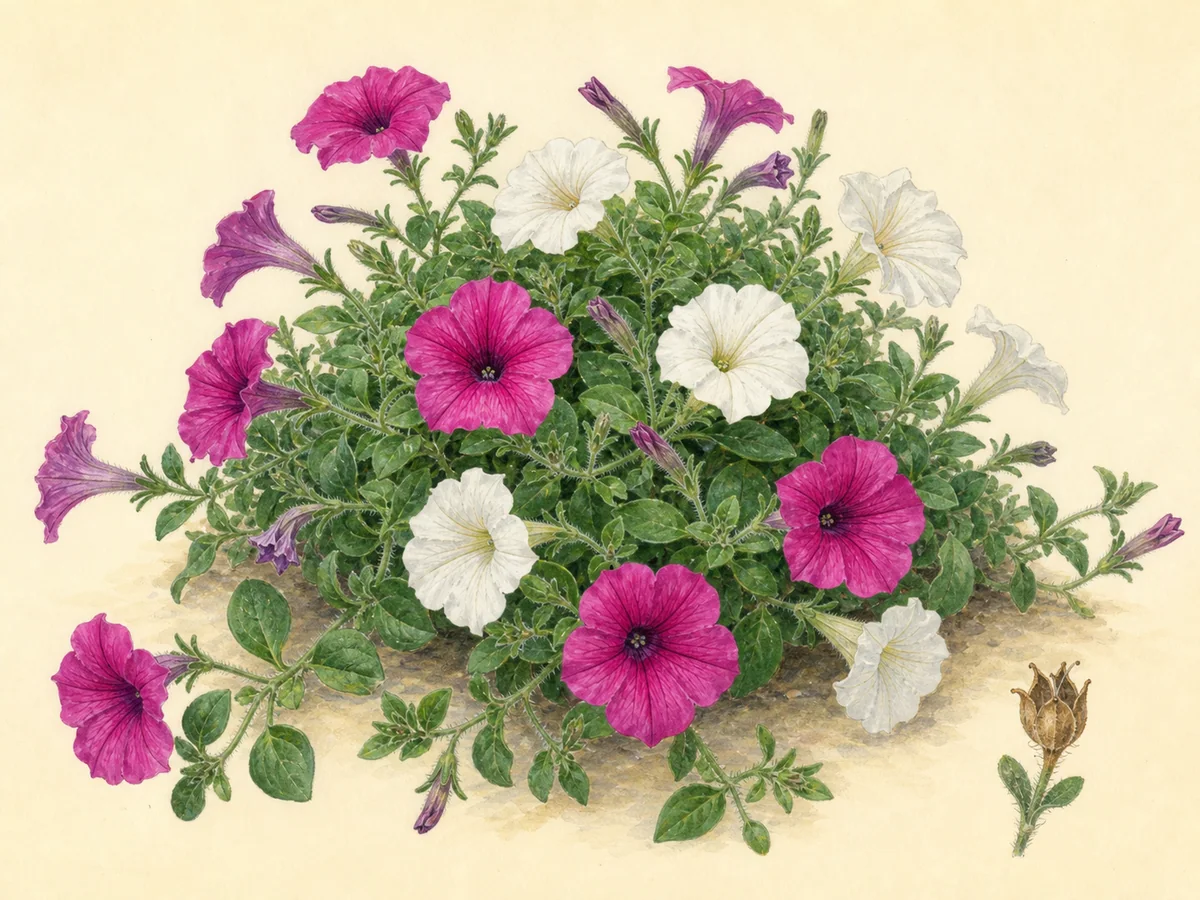 Ilustração botânica de uma petúnia em tufo com folhas ovais pegajosas e flores em funil magenta e brancas