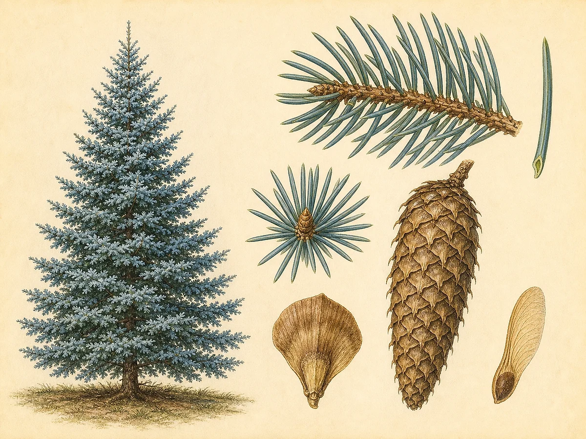 Prancha botânica de Picea pungens com árvore cónica, agulhas rígidas azuladas, raminho, cones pendentes e sementes aladas