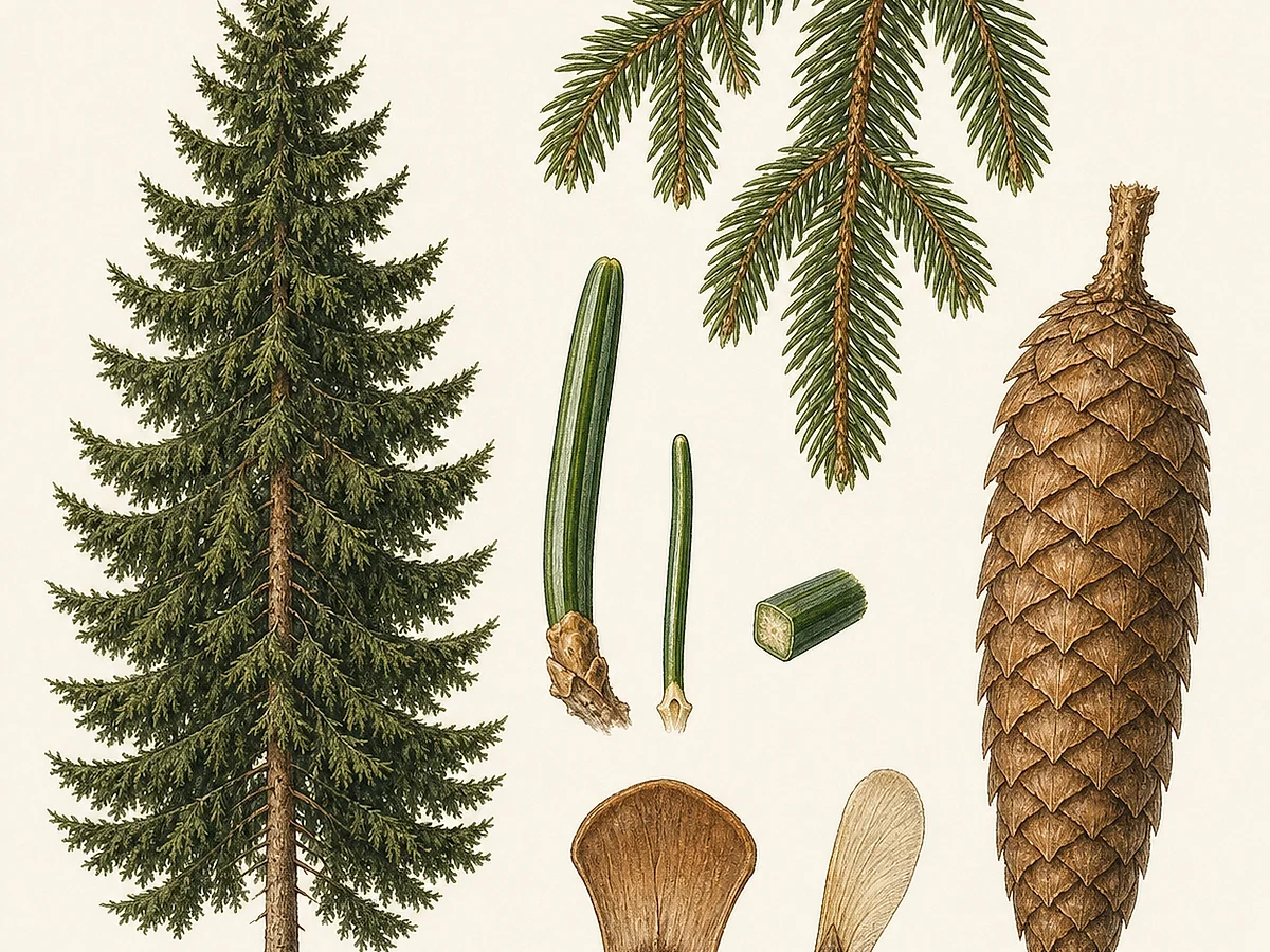 Prancha botânica de Picea abies com conífera alta, ramos pendentes, agulhas isoladas, cones longos pendentes e sementes aladas