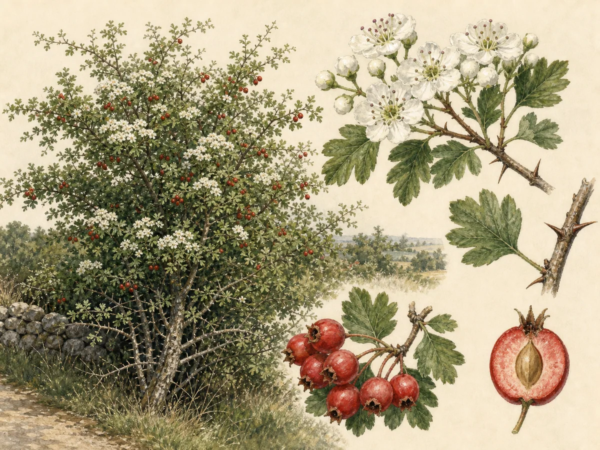 Ilustração botânica de pilriteiro espinhoso com folhas lobadas, corimbos brancos, frutos vermelhos e caroço em corte