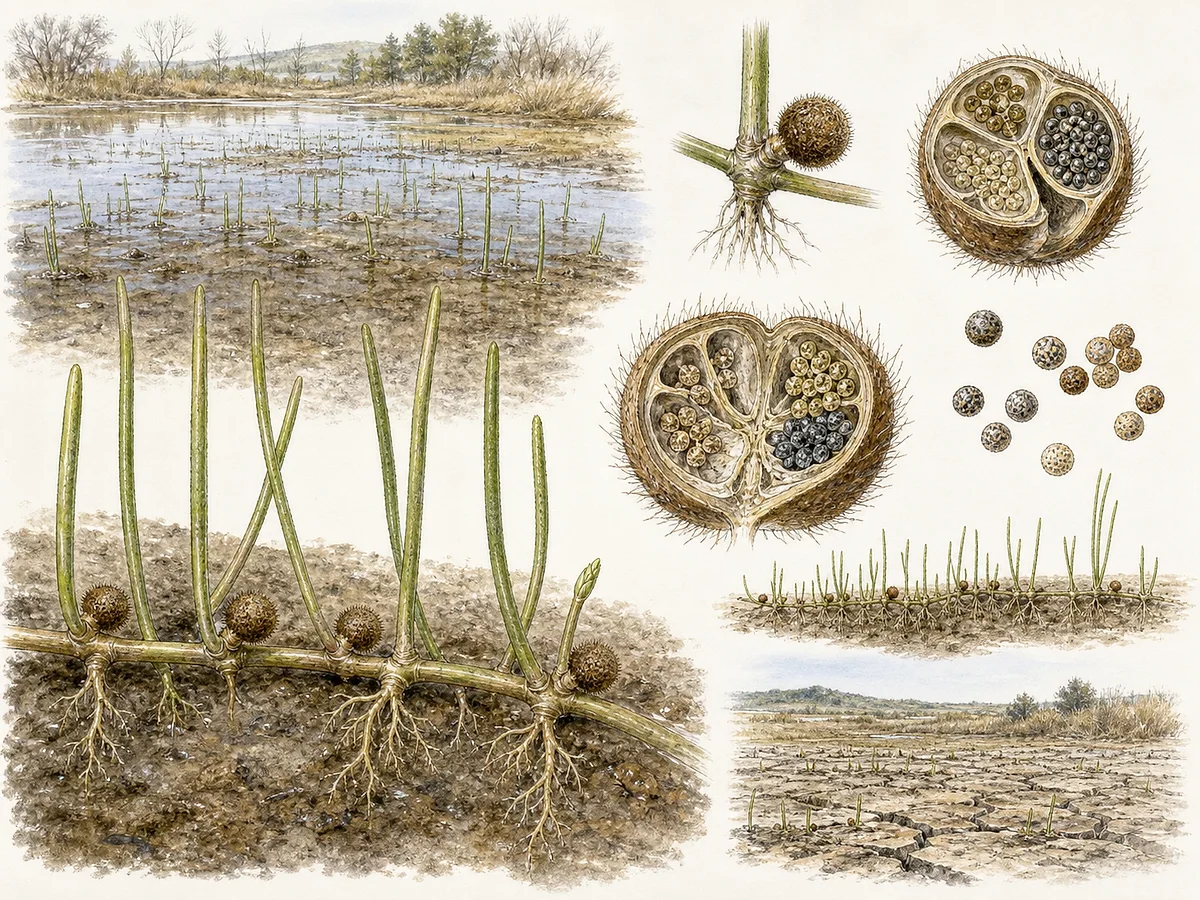 Prancha botânica de Pilularia minuta com rizoma rastejante, raízes, folhas filiformes de poucos centímetros e esporocarpos esféricos castanhos