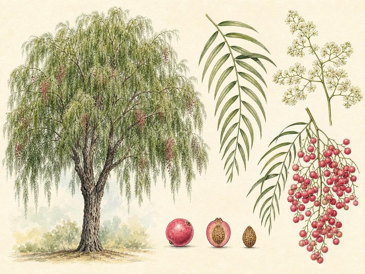 Prancha botânica de Schinus molle com copa pendente, folhas pinadas de folíolos estreitos, panículas de flores pequenas e cachos de drupas rosa-avermelhadas
