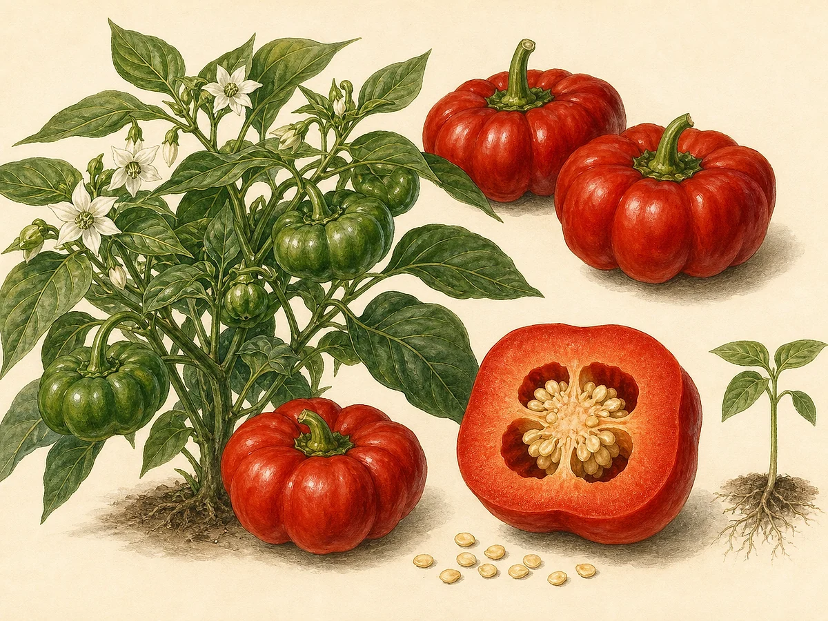 Prancha botânica do pimento de Sabugal com planta vigorosa, flor branca, frutos vermelhos achatados e carnudos, corte espesso e sementes