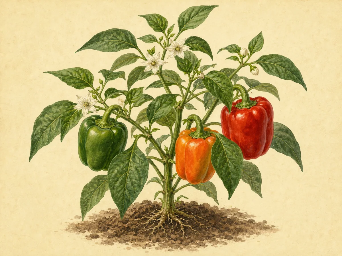 Ilustração botânica de um pimenteiro com flores e frutos verdes, laranja e vermelhos