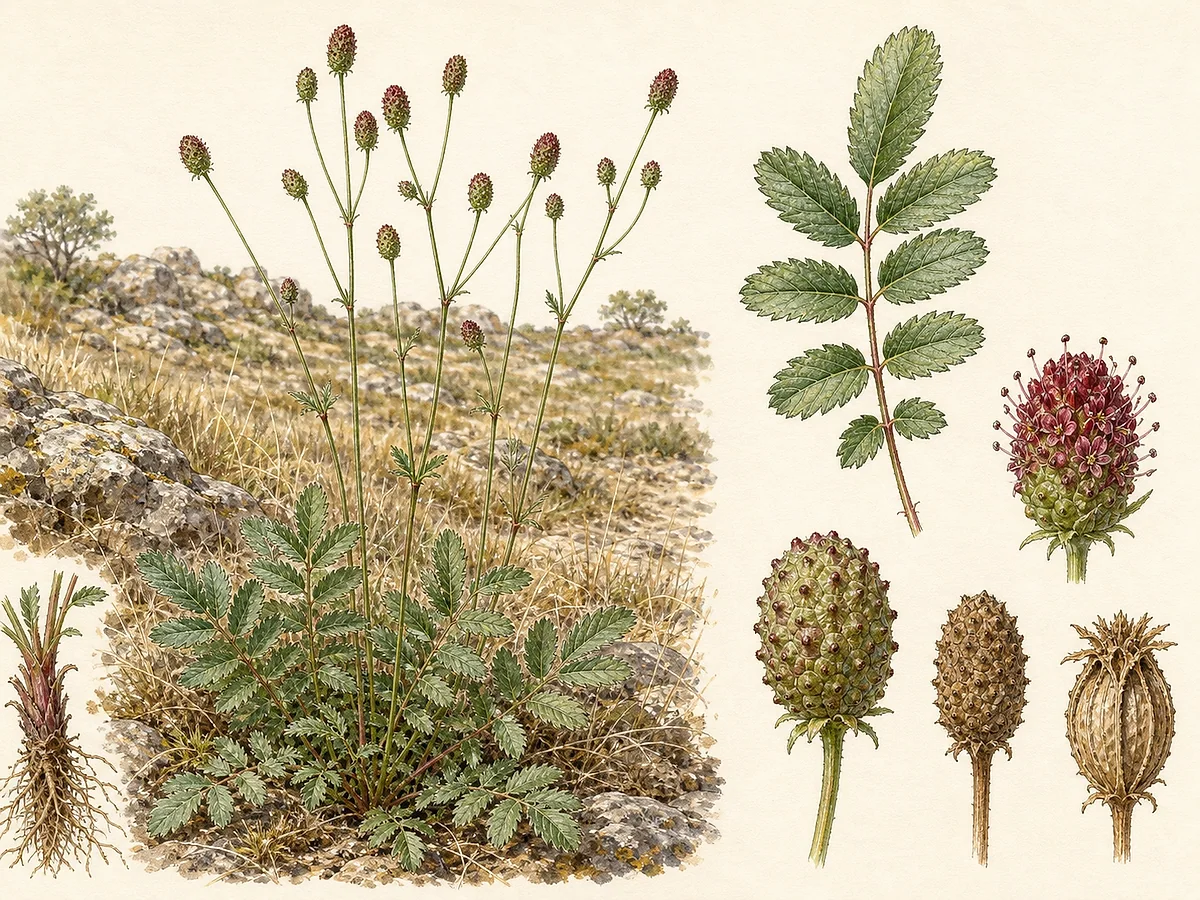 Prancha botânica de Sanguisorba verrucosa com folhas pinadas de folíolos dentados, hastes finas, capítulos ovais verde-avermelhados e fruto verrugoso ampliado
