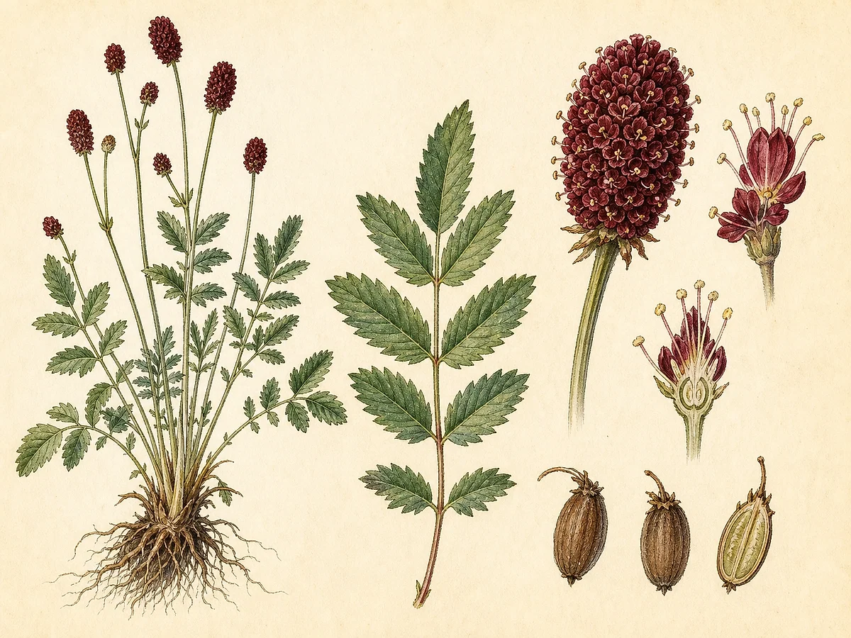 Prancha botânica de Sanguisorba officinalis com folhas pinadas, caules, espigas ovais vermelho-escuras, flores e aquénios