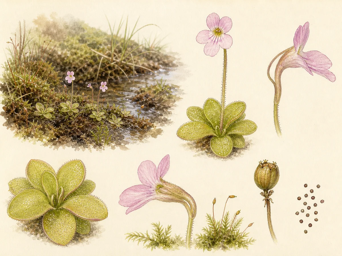 Prancha botânica de Pinguicula lusitanica com pequena roseta pegajosa verde-amarelada, flor rosa-pálida com esporão e cápsula