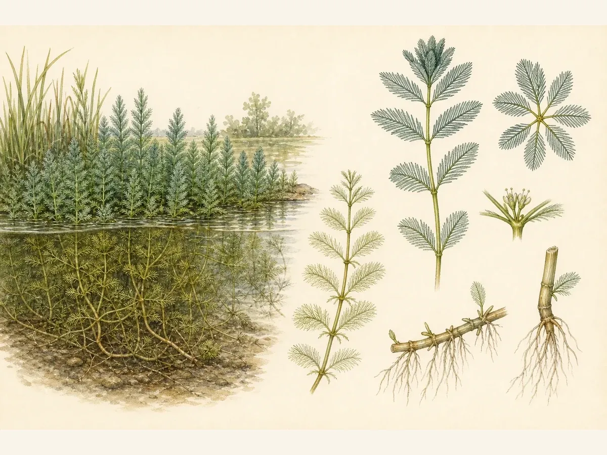 Prancha botânica de Myriophyllum aquaticum com tapete aquático, caules emergentes azulados, folhas plumosas verticiladas, flores, rizoma e fragmento enraizado
