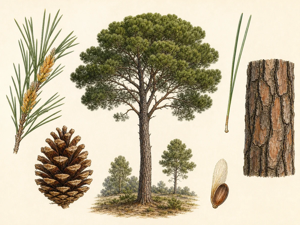 Prancha botânica de Pinus pinaster com árvore adulta, agulhas aos pares, pinha, semente e casca